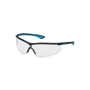 Uvex Sportstyle sikkerhedsbriller med klar linse, supravision extreme-belægning (ridse- og rustfri), sort/blå fødder. Pakket i detailkarton 1 stk