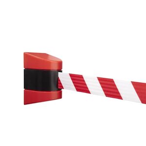 kaiserkraft Barrera de cinta en cajetín de plástico, montaje magnético, rojo / blanco, extracción de cinta 7700 mm