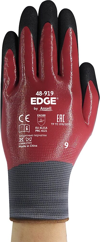 Ansell Guante de trabajo EDGE® 48-919, rojo/negro, UE 12 pares, talla 7