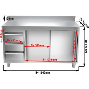 GGM GASTRO - Armoire de travail en inox PREMIUM - 1600x700mm - avec 3 tiroirs à gauche & rebord