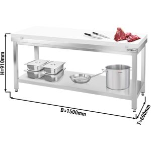 GGM GASTRO - Table de travail en acier inoxydable PREMIUM avec fond de base sans rebord, y compris plaque de découpe 1500x600mm