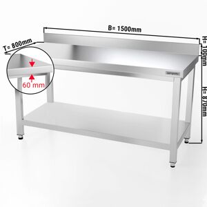 GGM GASTRO - Table de travail en inox PREMIUM - 1500x800mm - avec fond de base & rebord