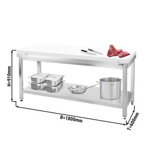 GGM GASTRO - Table de travail en acier inoxydable PREMIUM avec fond de base sans rebord, y compris plaque de découpe 1800x600mm