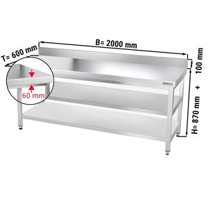 GGM Gastro - Table de travail en inox PREMIUM - 2000x600mm - avec plancher de base, rebord & plancher intermediaire Argent