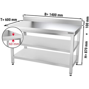 GGM Gastro - Table de travail en inox PREMIUM - 1400x600mm - avec plancher de base, rebord & plancher intermediaire Argent