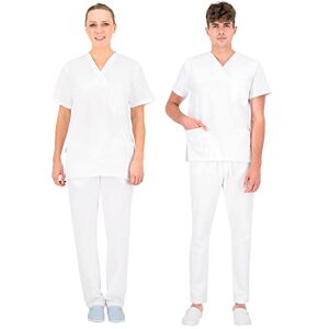 B-well  100% Coton Uniforme Médicale Unisexes Ensemble: Haut et Pantalons + Blouse Medicale Femme/Homme Tenue Aide Soignante Professionnelle Blanc 2XL - Publicité