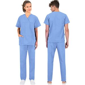 B-well  100% Coton Uniforme Médicale Unisexes Ensemble: Haut et Pantalons + Blouse Medicale Femme/Homme Tenue Aide Soignante Professionnelle Bleu clair 2XL - Publicité