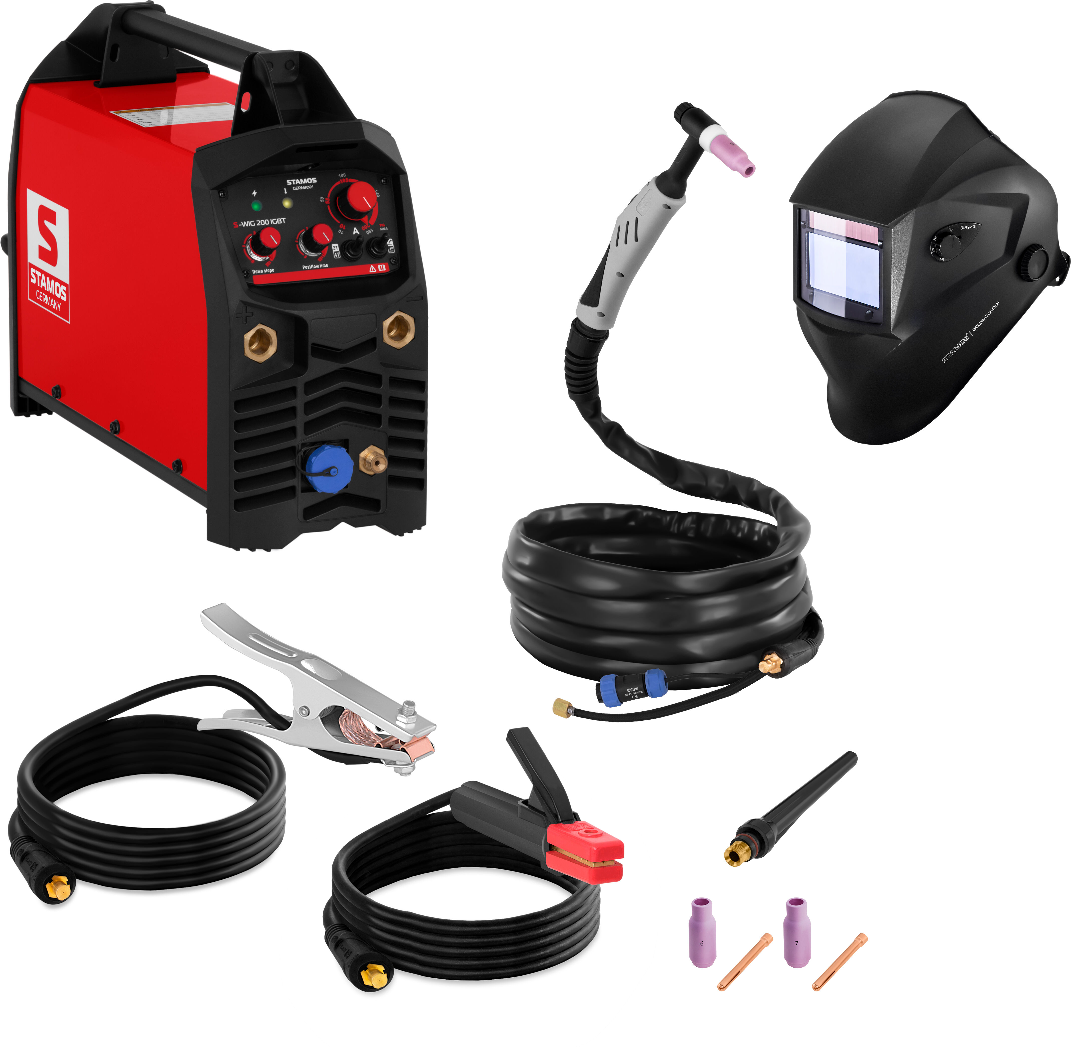 Stamos Germany TIG Welder Set - 200 A - IGBT + welding helmet BLASTER