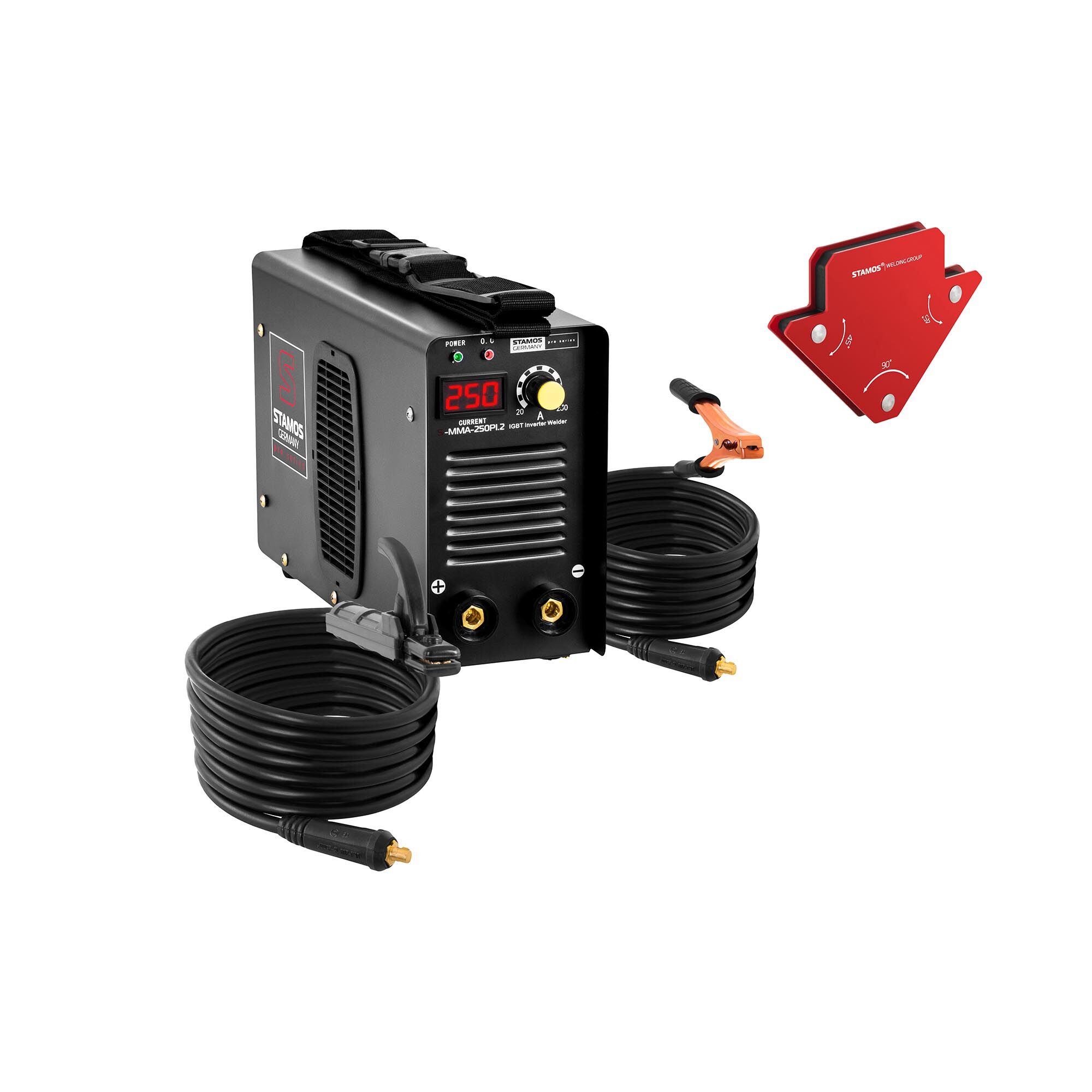 Stamos Pro Series Set: Electrode Welding Machine with 2 Magnetic Welding Holders - 250 A - 8 m cable - hot start