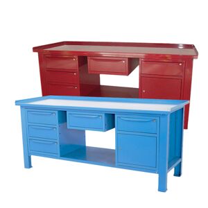 Banco lavoro SOGI 2m piano acciaio + cassetto + armadio a 3 cass + armadio anta cassetto - blu/rosso