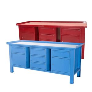 Banco lavoro SOGI 2m piano acciaio + 2 armadi con anta e cassetto + armadio a 3 cassetti - blu/rosso
