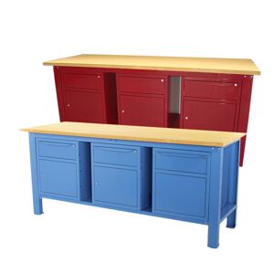 Banco da lavoro SOGI 2 metri con piano in legno + 3 armadi con anta e cassetto - blu/rosso
