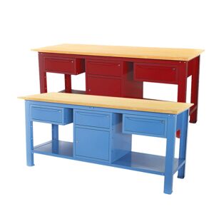 Banco lavoro SOGI 2m con piano in legno + armadio con anta e cassetto + 2 cassetti - blu/rosso