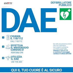 Cartello per defibrillatore con algoritmo di intervento &#8211; 38&#215;38 cm &#8211; Forex &#8211; Bianco con scritte blu