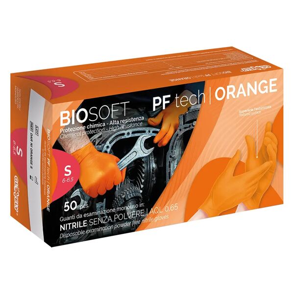 tecnomat 50 guanti monouso biosoft pf in nitrile arancioni zigrinati s senza polvere dpi cat iii 8,4 g