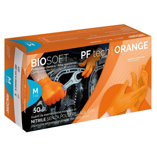 tecnomat 50 guanti monouso biosoft pf in nitrile arancioni zigrinati m senza polvere dpi cat iii 8,4 g