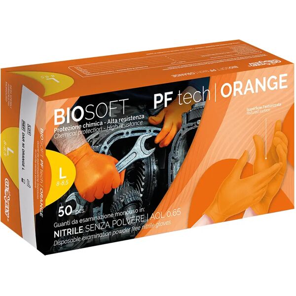 tecnomat 50 guanti monouso biosoft pf in nitrile arancioni zigrinati l senza polvere dpi cat iii 8,4 g