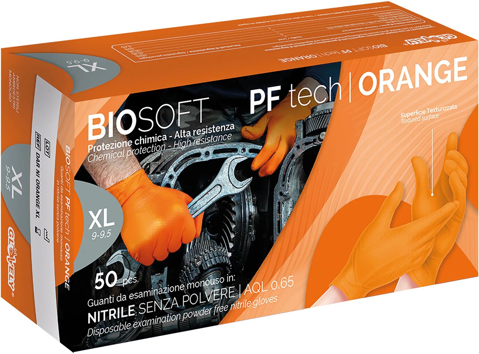 Tecnomat 50 GUANTI MONOUSO BIOSOFT PF IN NITRILE ARANCIONI ZIGRINATI XL SENZ POLVERE DPI CAT III 8,4 g