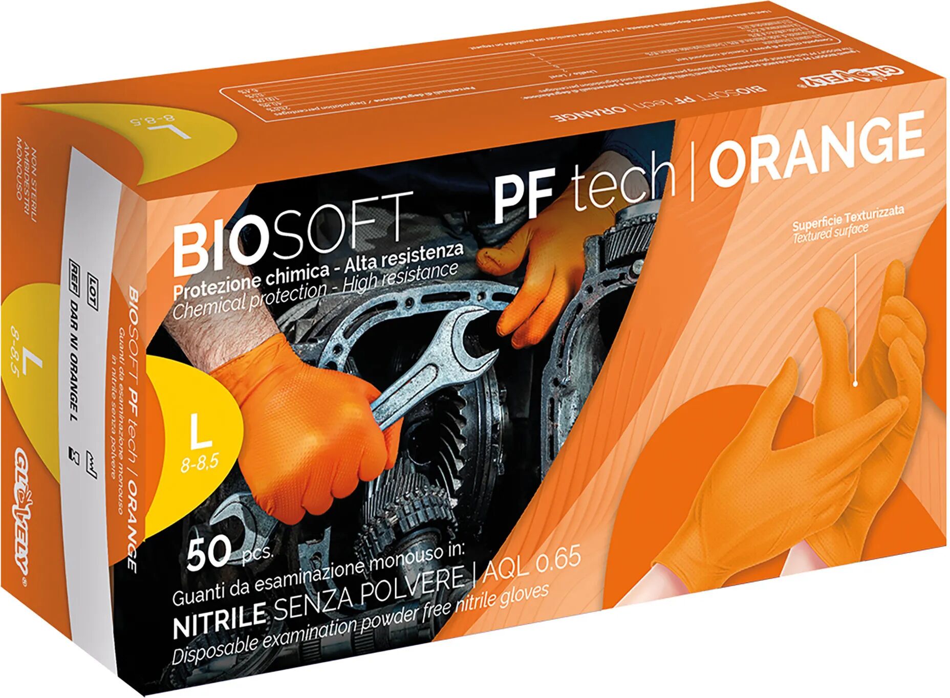 Tecnomat 50 GUANTI MONOUSO BIOSOFT PF IN NITRILE ARANCIONI ZIGRINATI L SENZA POLVERE DPI CAT III 8,4 g