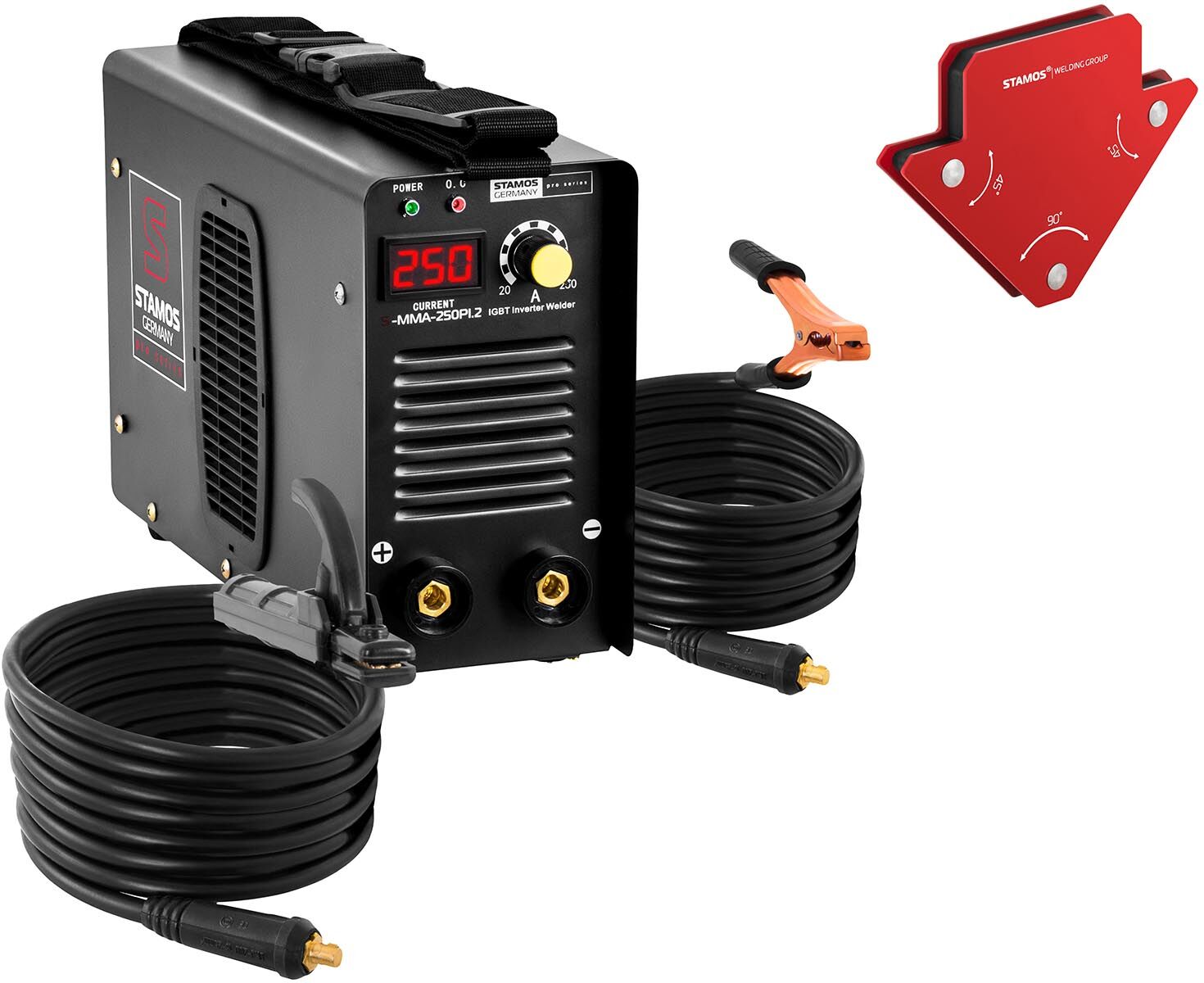 Stamos Pro Series Set: Elektrode-lasmachine met 2 magnetische lashouders - 250 A - 8 m kabel - hot start S-MMA-250PI.2-SET-1