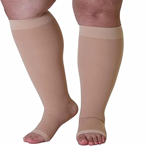 WSYKC Grote maat compressiekousen, open teen compressiekousen, 20-30 mmHg compressiekousen, geschikt voor mensen met brede kuiten, unisex beige-XXL