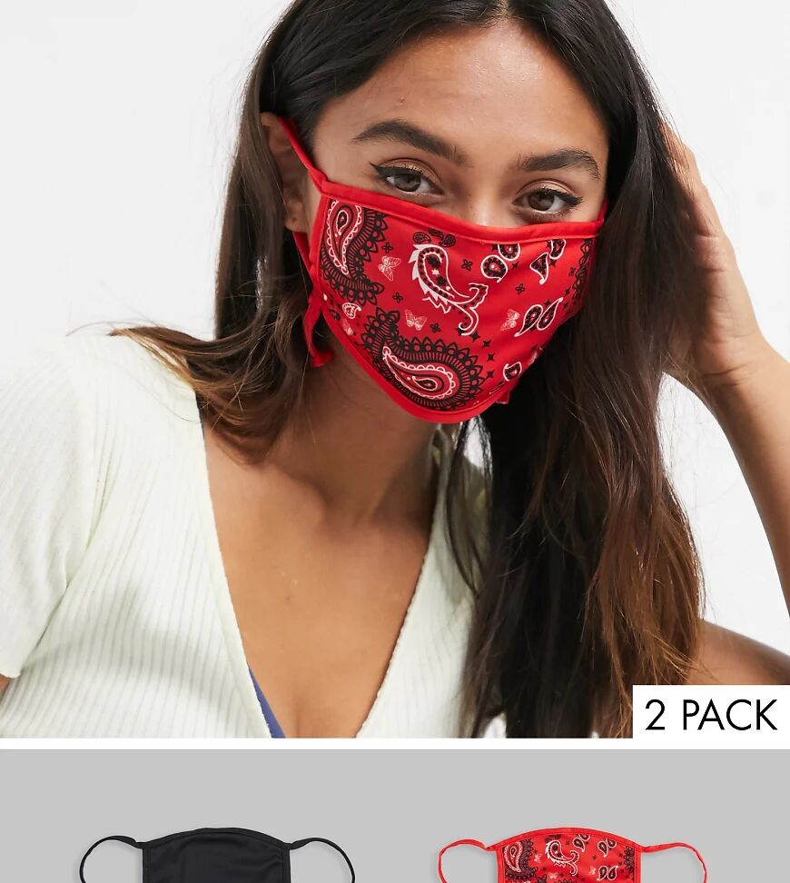 Skinnydip Exclusive 2 pack face covering with adjustable straps in plain black and red bandana print  Red