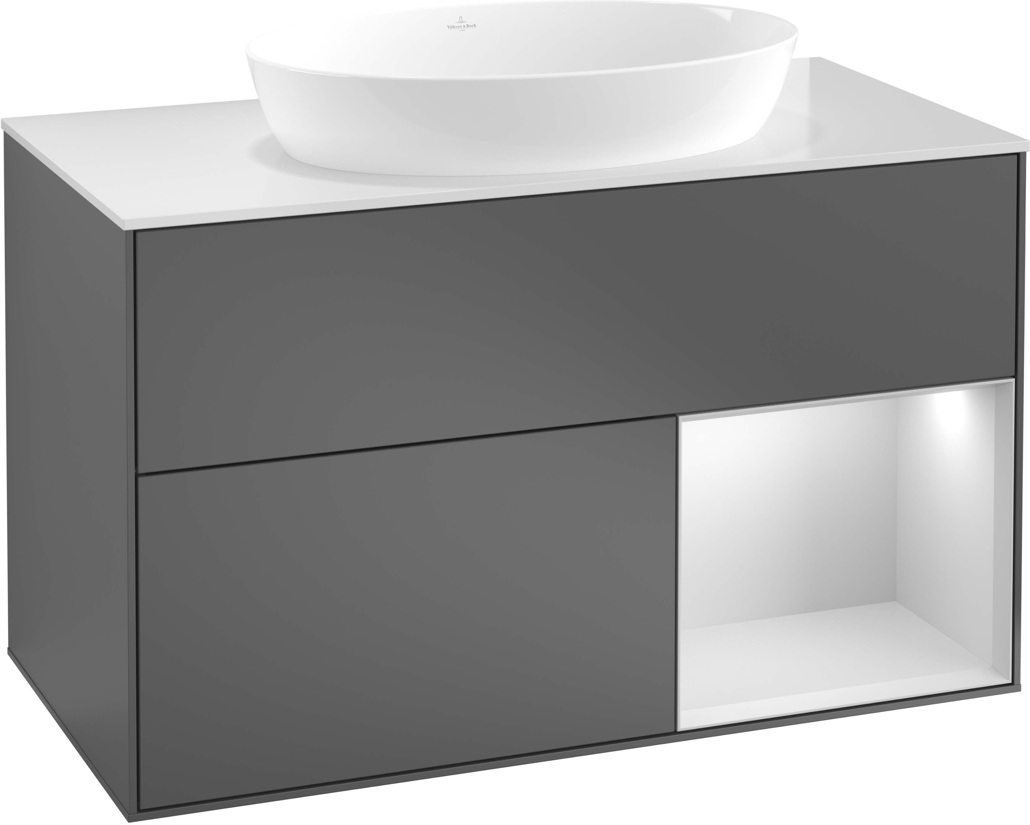 Villeroy und Boch Finion Waschtischunterschrank FA22MTPC 100cm, Abdeckplatte black matt, Regale White matt lacquer, Oak Veneer