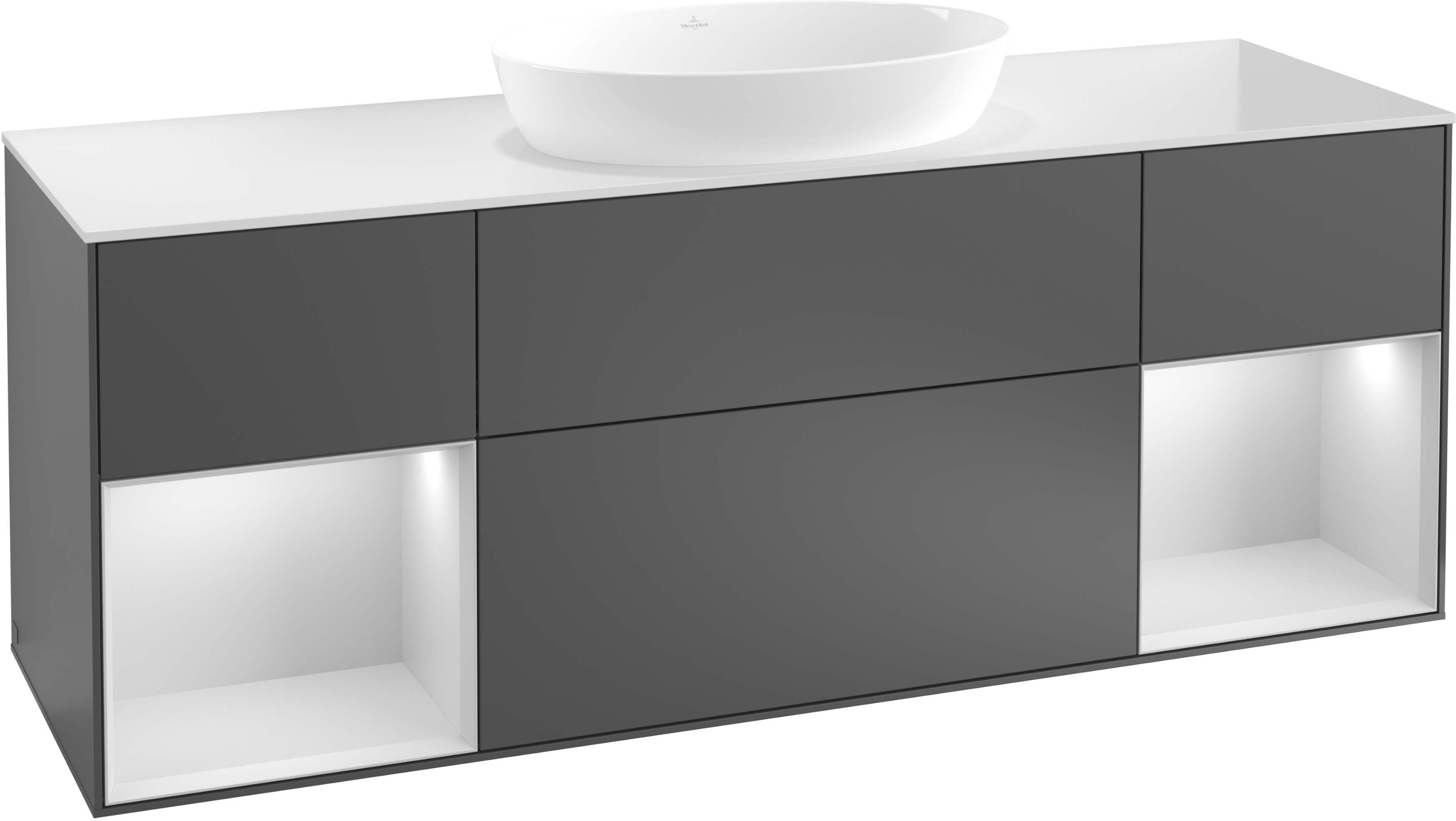 Villeroy und Boch Finion Waschtischunterschrank F981GFHG 160cm, Abdeckplatte white matt, Regale Glossy white lacquer, Midnight Blue Matt Lacquer