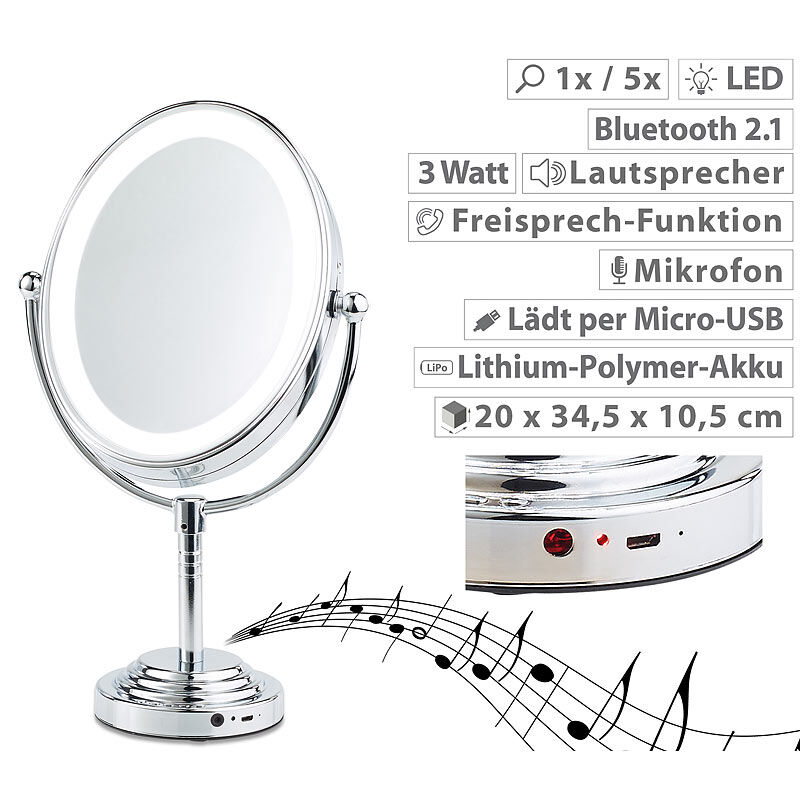 Sichler Beauty XL-LED-Kosmetikspiegel, Akku, Bluetooth-Lautsprecher, 1x / 5x Vergröß.