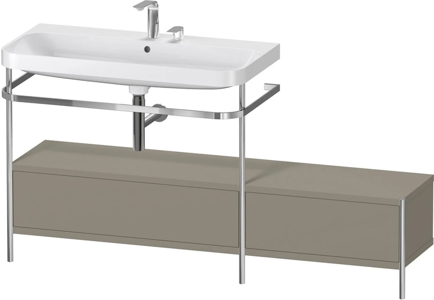 Duravit Happy D.2 Plus Möbelwaschtisch 160 x 49 cm c-shaped, mit 2 Hahnlöchern mit Metallkonsole bodenstehend, Anbau rechts und 2 Schubkästen