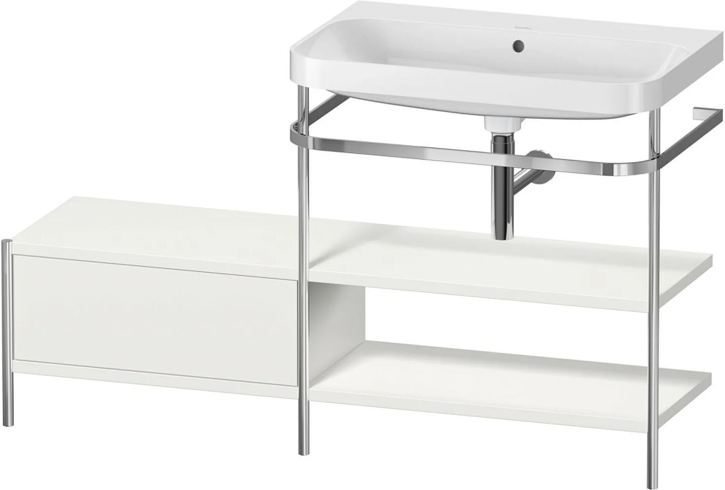 Duravit Happy D.2 Plus Möbelwaschtisch 140 x 49 cm c-shaped, ohne Hahnloch mit Metallkonsole bodenstehend mit Anbau links und 1 Schubkasten