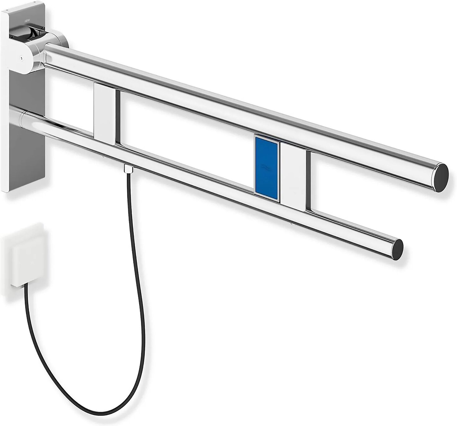 HEWI System 900 Stützklappgriff Duo Design B mit Spülauslösung (E-Ausführung), links 70 cm System 900 Ausladung 70 cm edelstahl verchromt