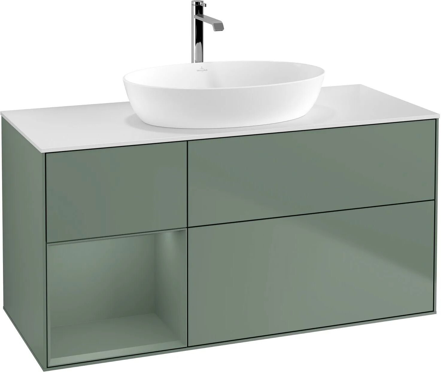 Villeroy & Boch Finion Waschtischunterschrank 120 cm mit Regalelement links, Abdeckplatte   olive matt lacquer F821GMGM