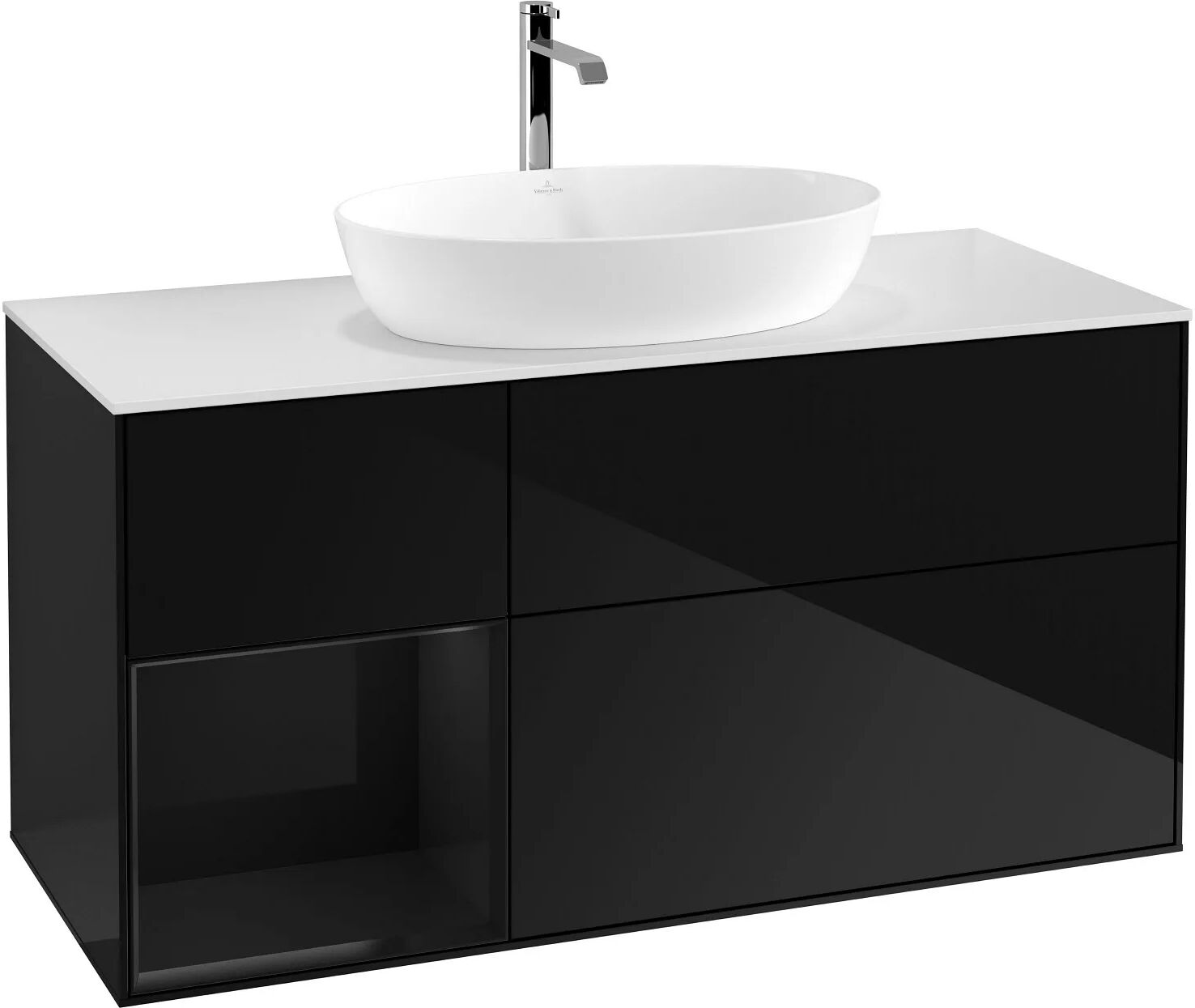 Villeroy & Boch Finion Waschtischunterschrank 120 cm mit Regalelement links, Abdeckplatte   glossy black lacquer F821PHPH