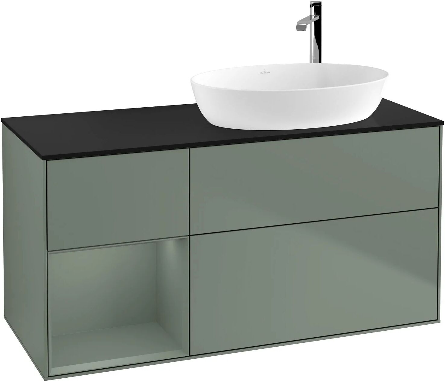 Villeroy & Boch Finion Waschtischunterschrank 120 cm mit Regalelement links, Abdeckplatte   olive matt lacquer F922GMGM