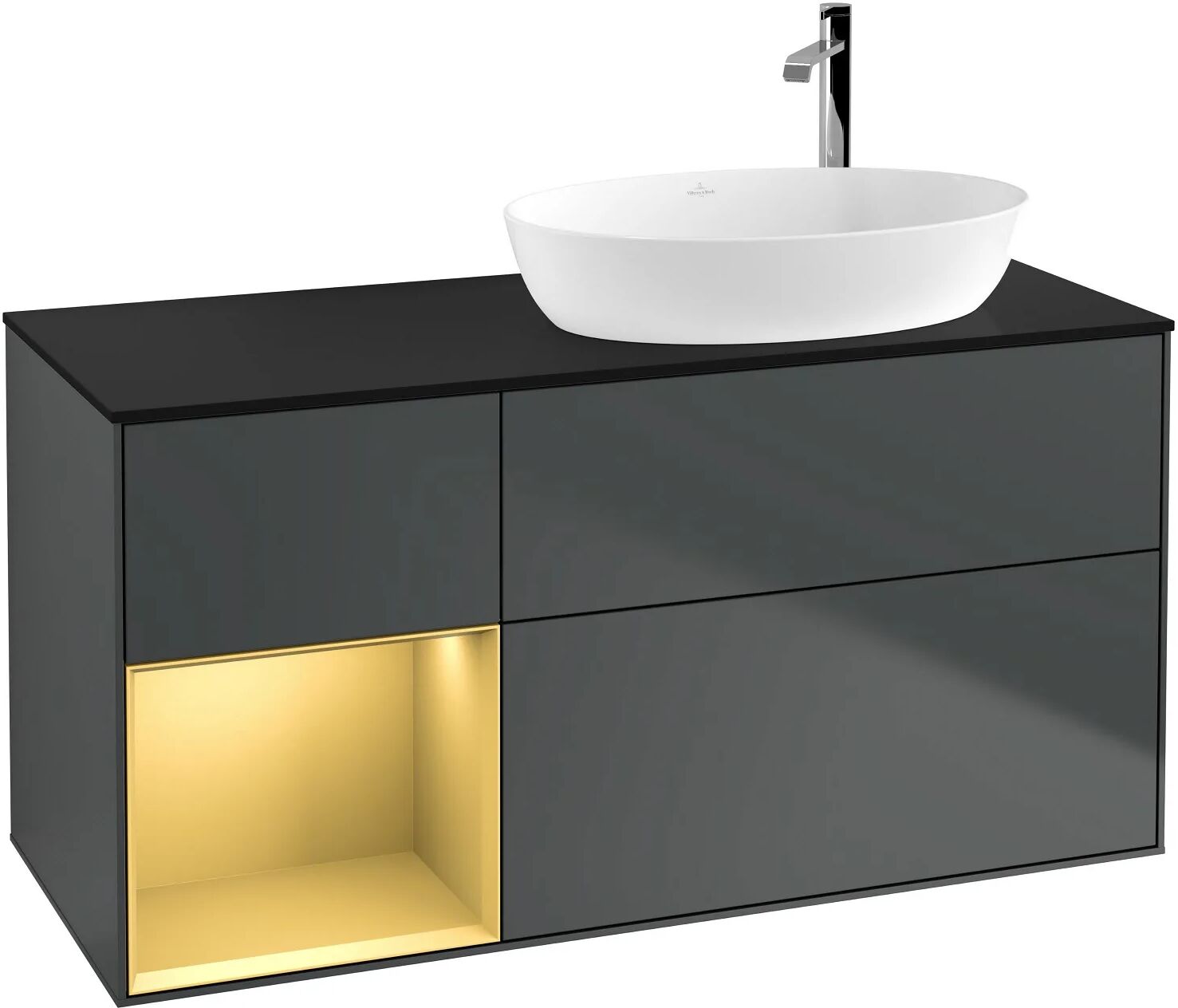 Villeroy & Boch Finion Waschtischunterschrank 120 cm mit Regalelement links, Abdeckplatte   gold matt lacquer/midnight blue matt lacquer F922HFHG