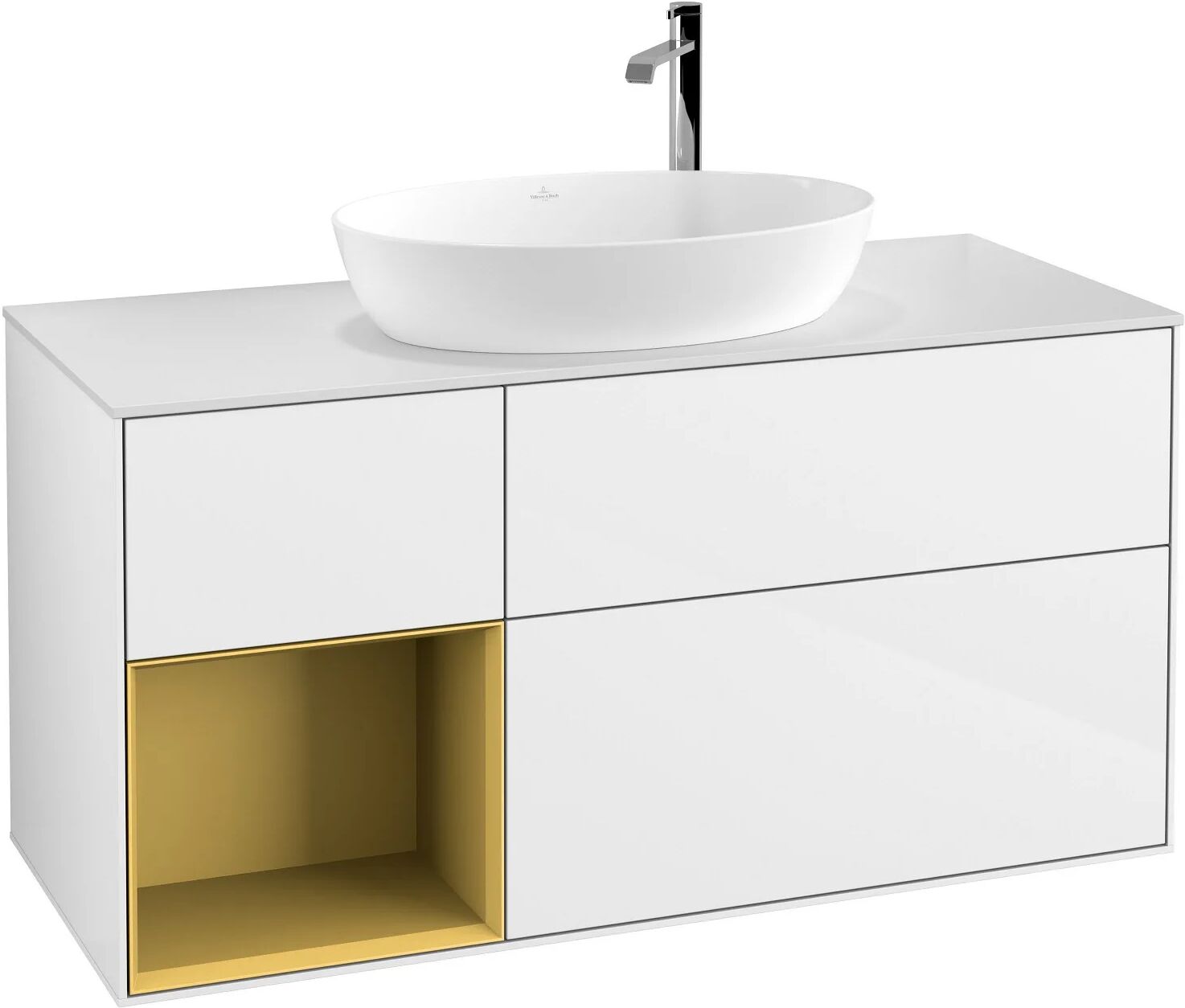 Villeroy & Boch Finion Waschtischunterschrank 120 cm mit Regalelement links, Abdeckplatte   gold matt lacquer/glossy white lacquer F941HFGF