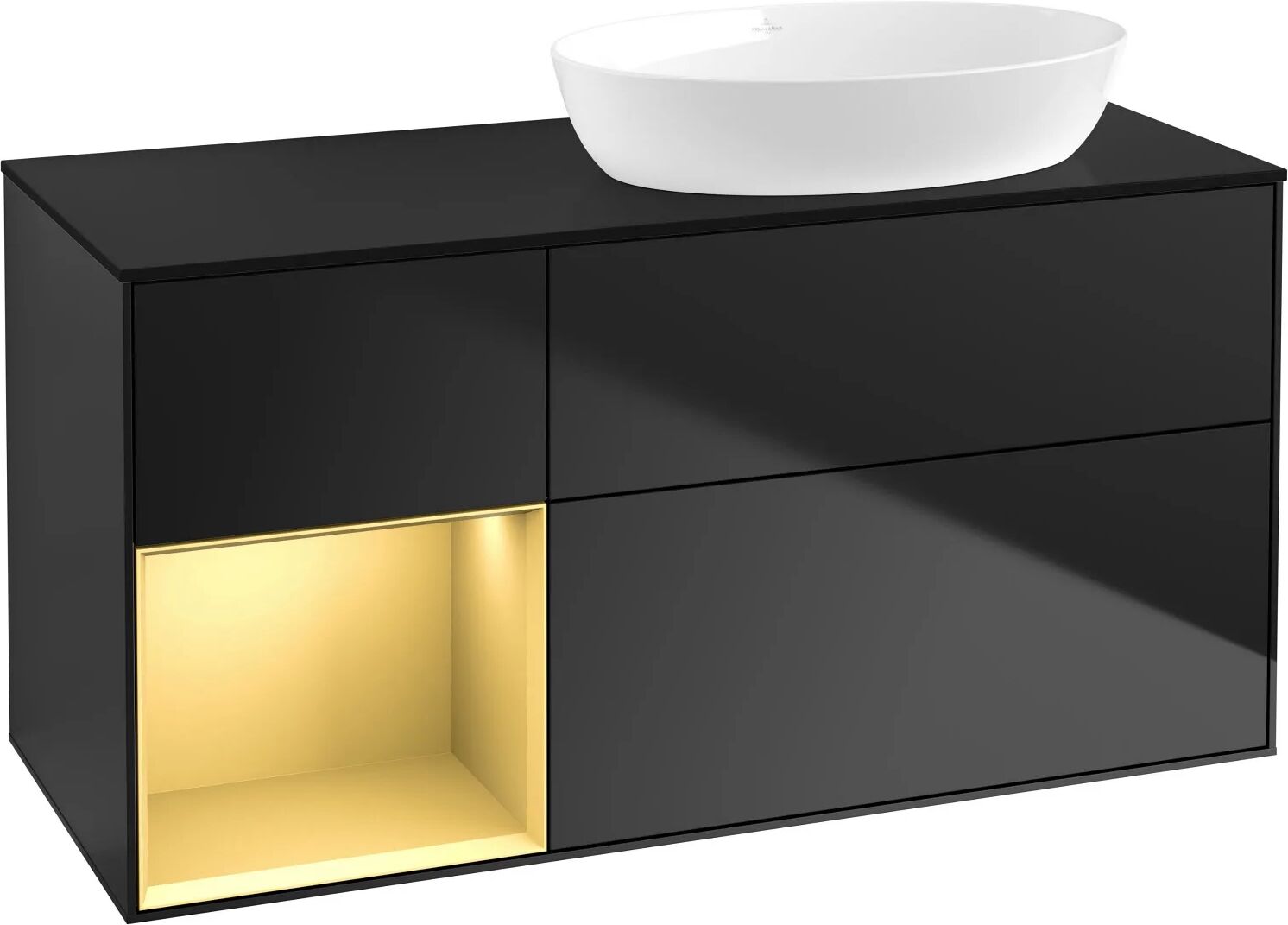 Villeroy & Boch Finion Waschtischunterschrank 120 cm mit Regalelement links, Abdeckplatte   gold matt lacquer/black matt lacquer FA42HFPD