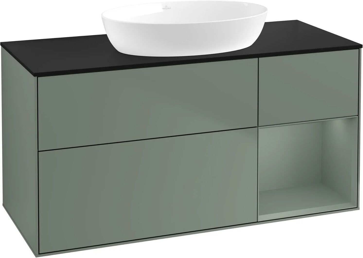 Villeroy & Boch Finion Waschtischunterschrank 120 cm mit Regalelement rechts, Abdeckplatte   olive matt lacquer FA72GMGM