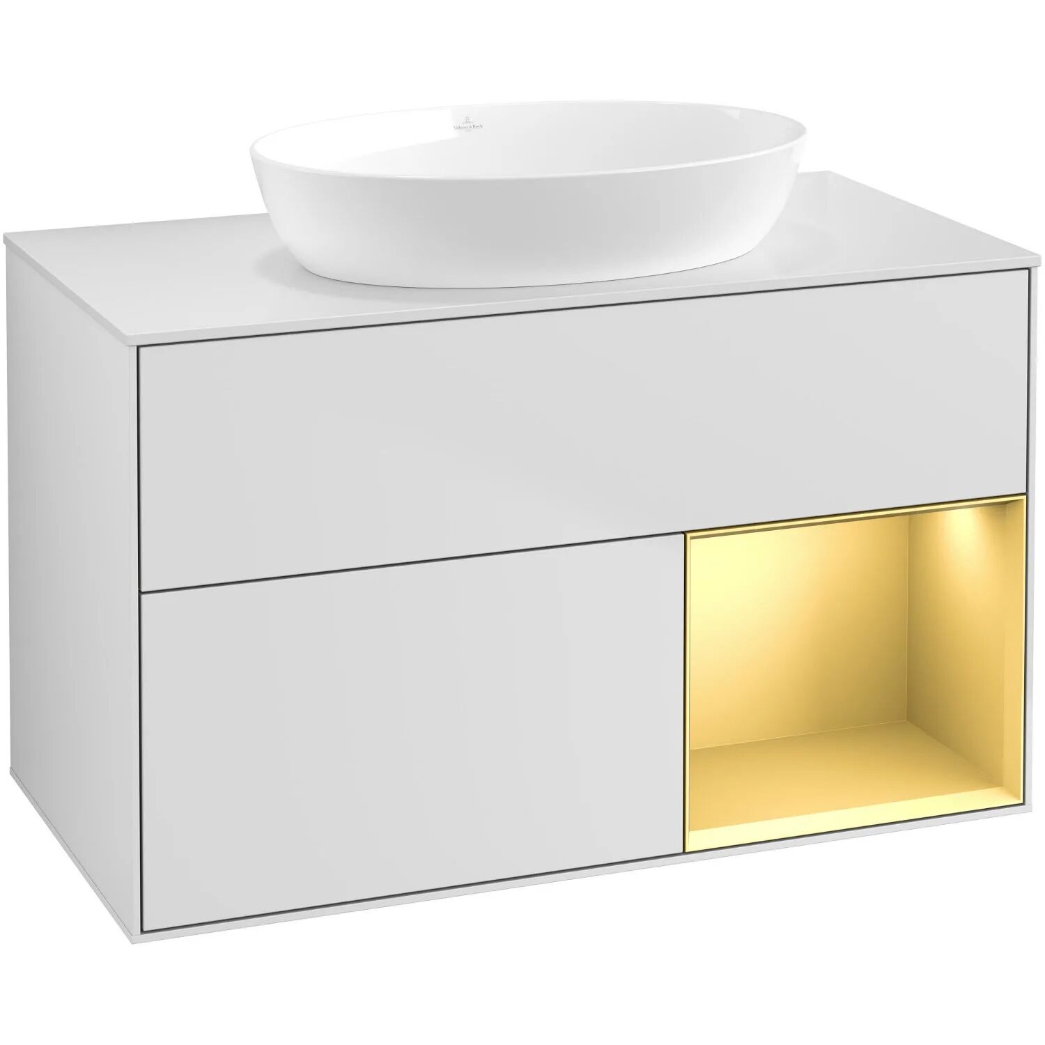 Villeroy & Boch Finion Waschtischunterschrank 100 cm mit Regalelement rechts, Abdeckplatte, Wandbeleuchtung   gold matt lacquer/white matt lacquer