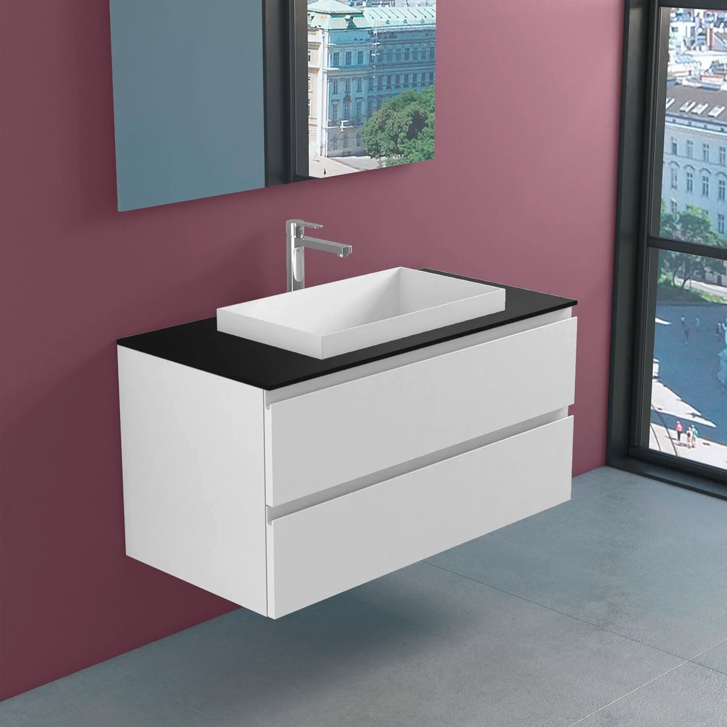 progettobagno Stresa Unterschrank 100 cm mit Glasplatte, Hahnlochbohrung und ELY 60 Einbauwaschtisch Stresa ELY B: 99,8 T: 50,4 H: 50 cm weiß matt