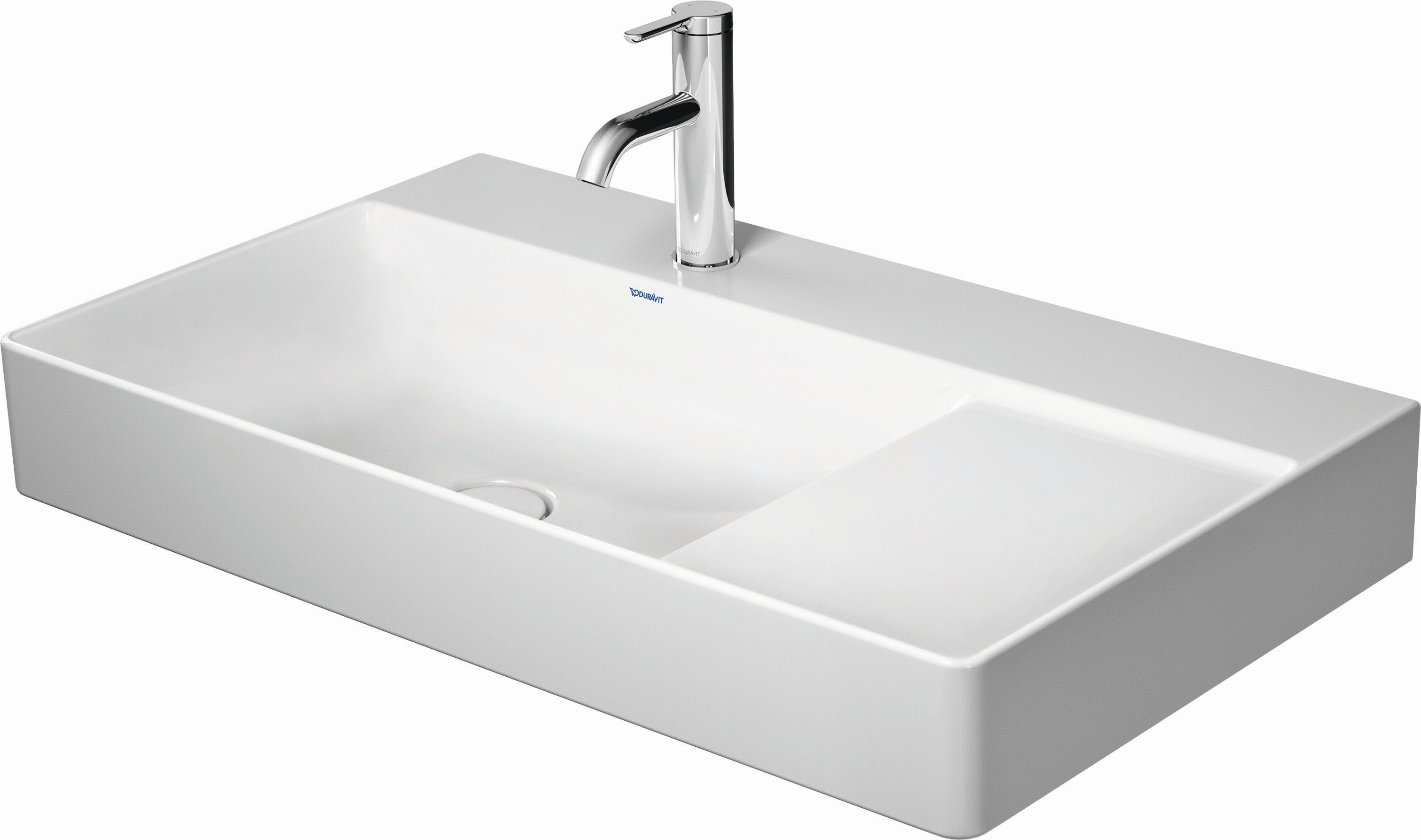 Duravit DuraSquare Möbel-Waschtisch asymmetrisch 23488000441 80x47cm, ohne Überlauf, mit Hahnlochbank, Becken links, 3 Hahnlöcher, weiß WonderGliss