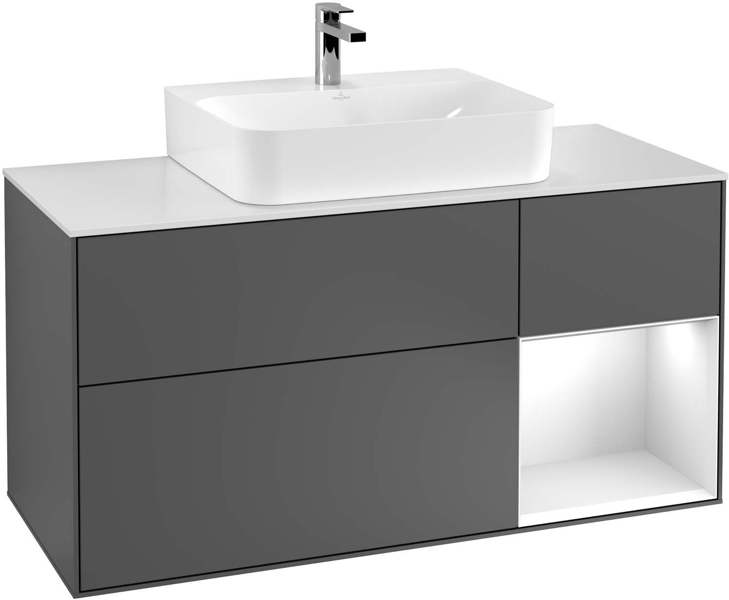 Villeroy und Boch Finion Waschtischunterschrank G172GJHG 120cm, Abdeckplatte black matt, Emotion, Regal rechts Light grey matt, Midnight Blue Matt Lacquer