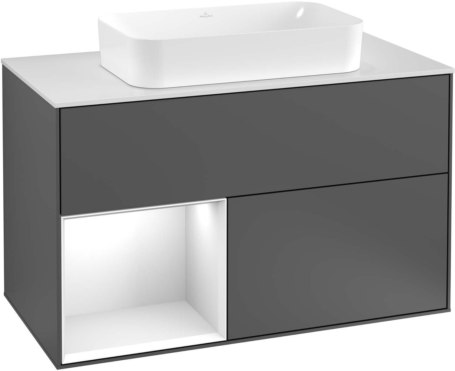 Villeroy und Boch Finion Waschtischunterschrank F651HBPD 100x60,3x50,1cm, Regal links Peony, Black matt lacquer