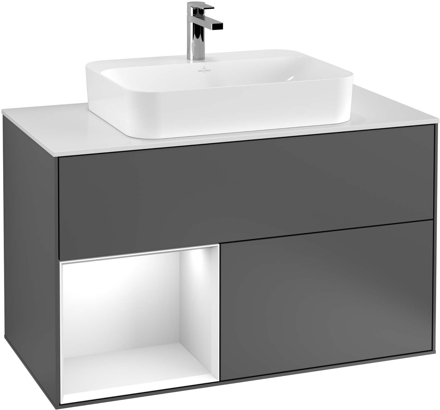 Villeroy und Boch Finion Waschtischunterschrank F361GJPD 100cm, Abdeckplatte white matt, Regal links Light grey matt, Black matt lacquer