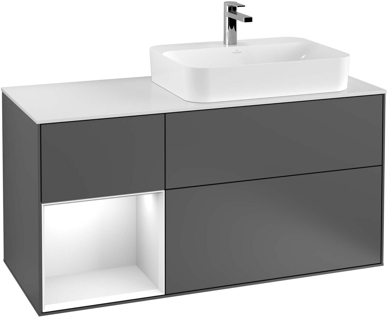 Villeroy und Boch Finion Waschtischunterschrank F391GJPH 120cm, Abdeckplatte white matt, Regal links Light grey matt, Glossy Black Lacquer