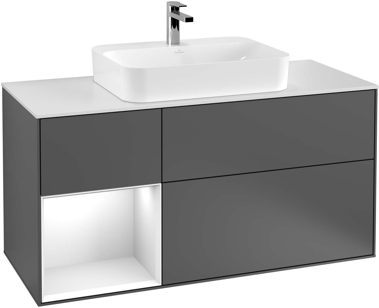 Villeroy und Boch Finion Waschtischunterschrank F412GJHG 120cm, Abdeckplatte black matt, Regal links Light grey matt, Midnight Blue Matt Lacquer