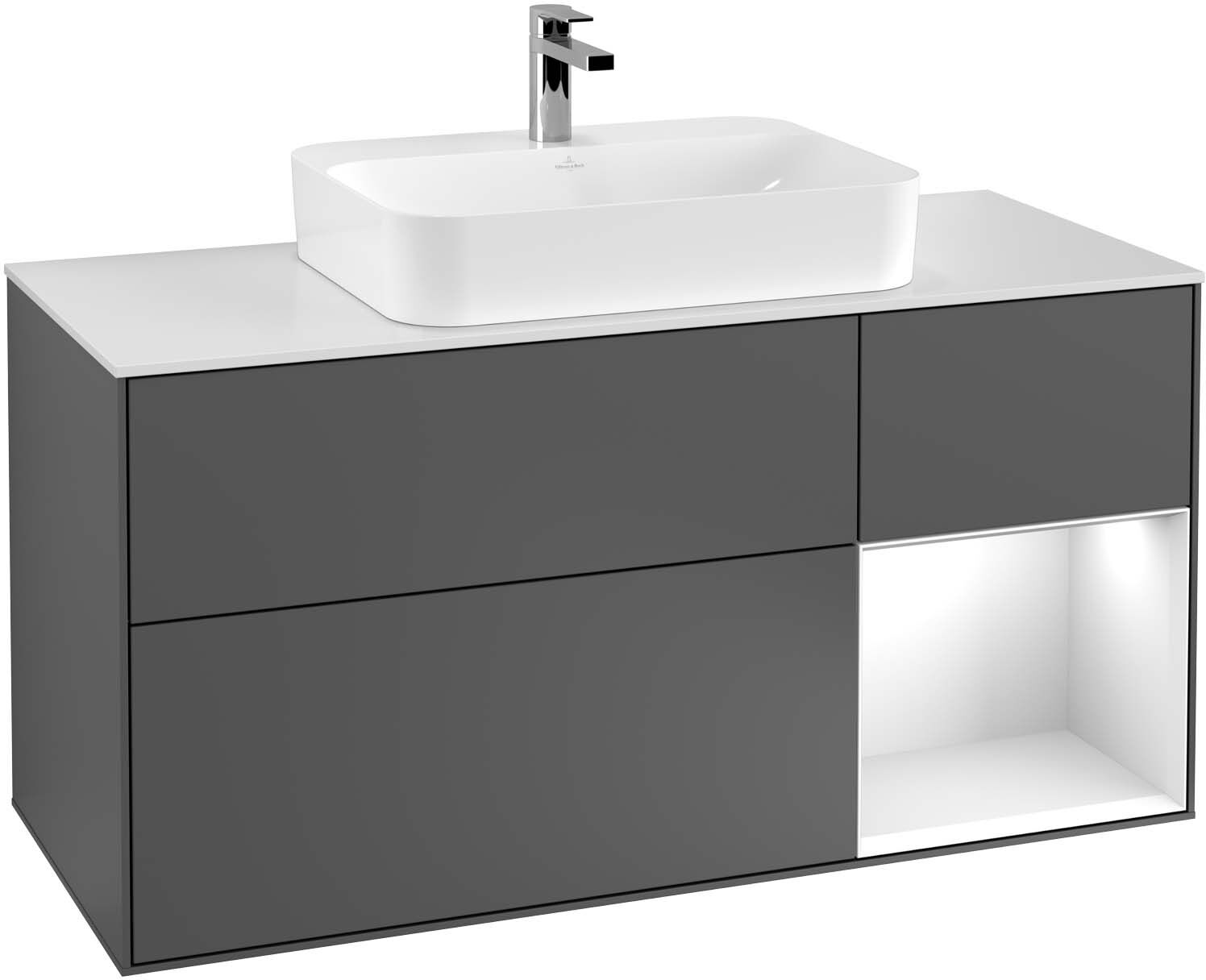 Villeroy und Boch Finion Waschtischunterschrank F422GKGK 120cm, Abdeckplatte black matt, Regal rechts Anthracite matt, Anthracite matt