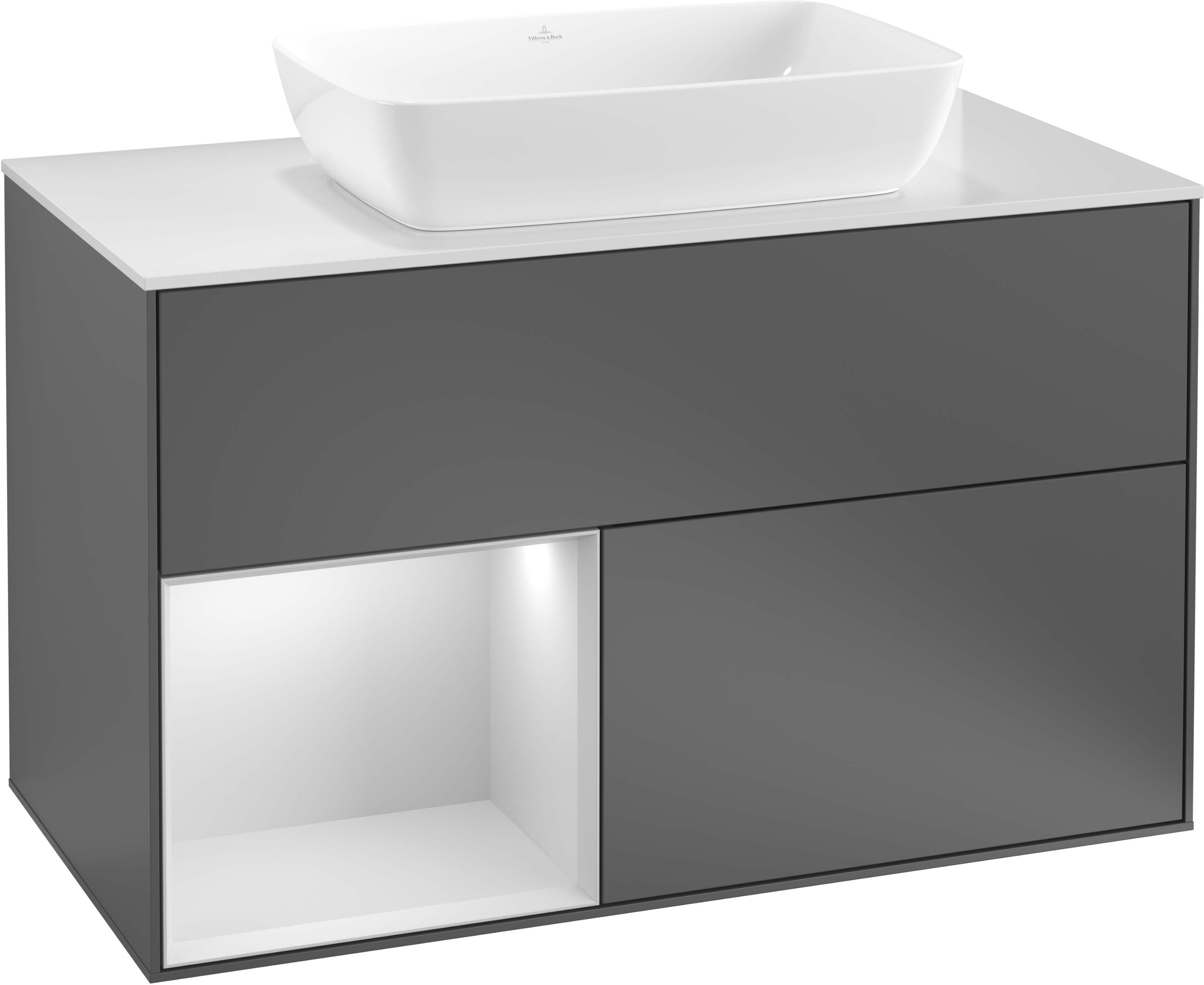 Villeroy und Boch Finion Waschtischunterschrank G772GFPH 100cm, Abdeckplatte black matt, Emotion, Regale Glossy white lacquer, Glossy Black Lacquer