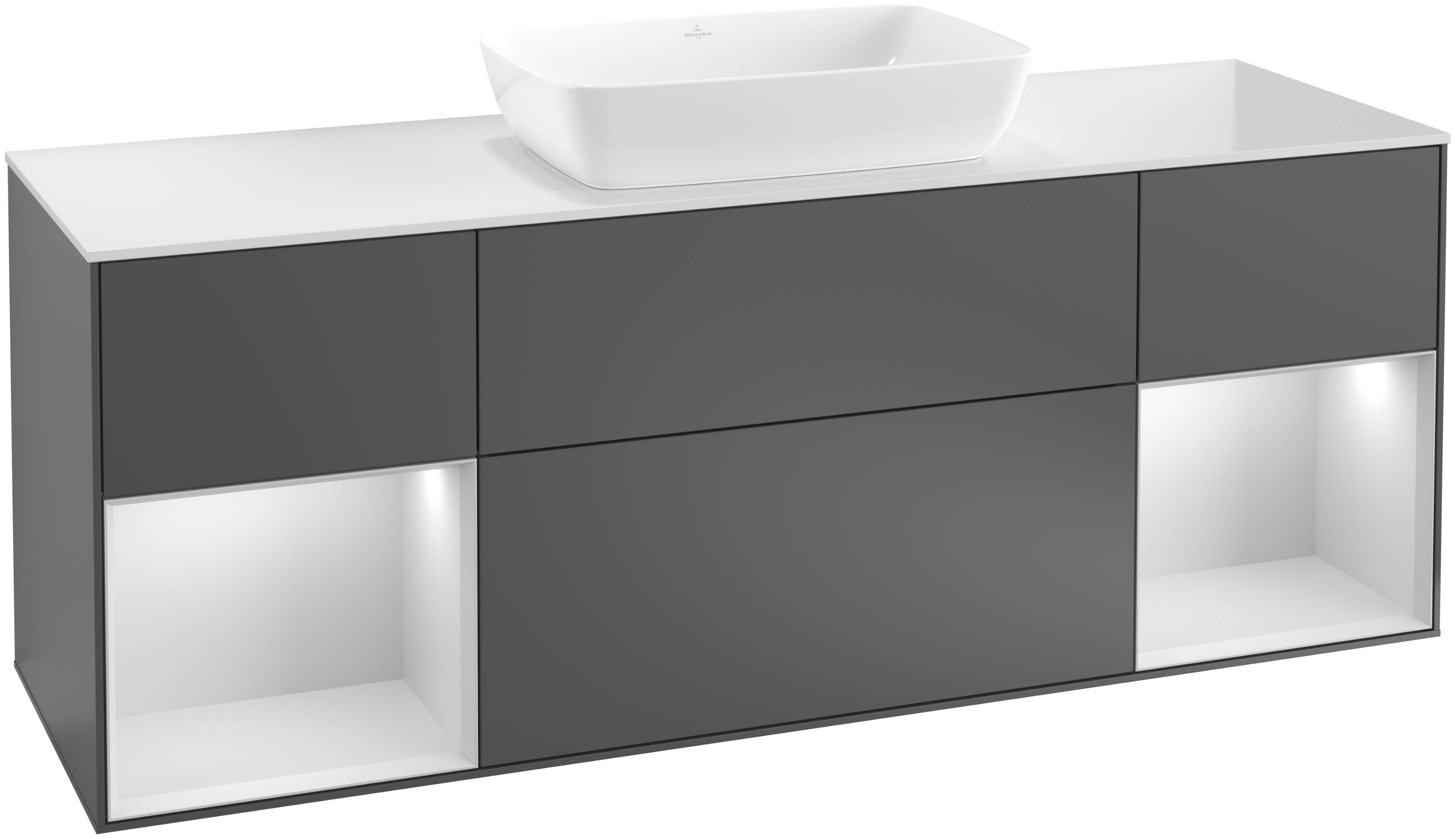 Villeroy und Boch Finion Waschtischunterschrank F862GKPC 160cm, Abdeckplatte black matt, Regale Anthracite matt lacquer, Oak Veneer